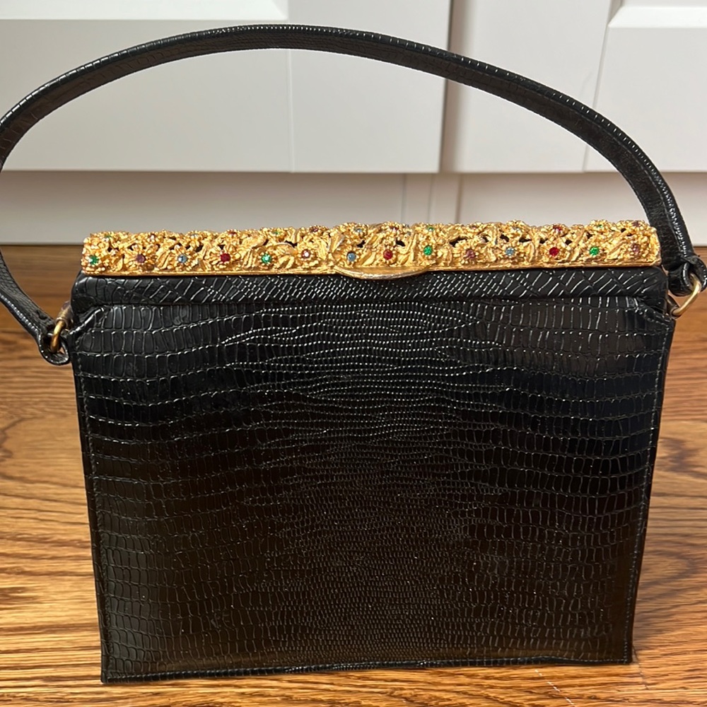 Meyers Made in USA 1960's Handbag Vintage Hard Shell Faux Lizard Gold Hardware